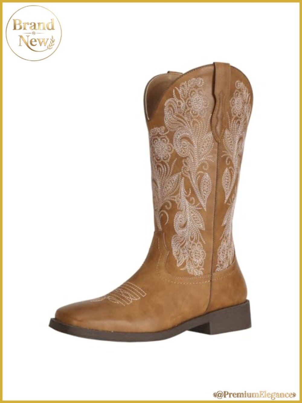 Square Toe Cowboy Boots Floral Embroidery Western Mid-Calf Pull On